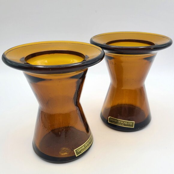 Pair Dansk Designs IHQ Finland Vintage MCM Amber Glass Candle Holder Vase Label - Picture 1 of 8